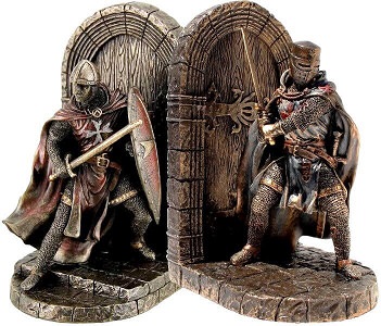bronzefigur, bogstøtte med middelalderlig ridder